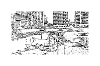 Print Building view with landmark of Mar del Plata is the city in Argentina. Vektörde elle çizilmiş çizim çizimi.
