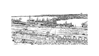 Print Building view with landmark of Mar del Plata is the city in Argentina. Vektörde elle çizilmiş çizim çizimi.