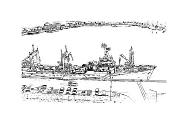 Print Building view with landmark of Mar del Plata is the city in Argentina. Vektörde elle çizilmiş çizim çizimi.