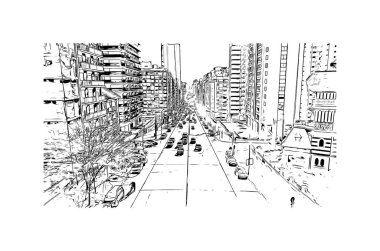 Print Building view with landmark of Mar del Plata is the city in Argentina. Vektörde elle çizilmiş çizim çizimi.