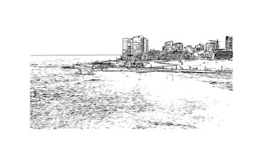 Print Building view with landmark of Mar del Plata is the city in Argentina. Vektörde elle çizilmiş çizim çizimi.