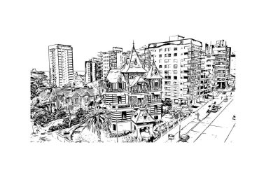 Print Building view with landmark of Mar del Plata is the city in Argentina. Vektörde elle çizilmiş çizim çizimi.