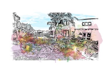 Print Building view with landmark of Marathon is the town in Greece. Vektörde elle çizilmiş resim ile suluboya sıçraması.