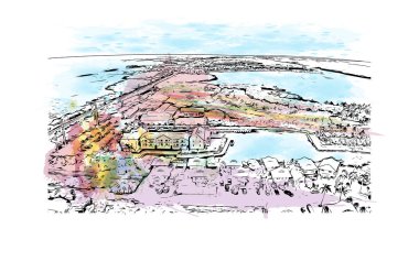 Print Building view with landmark of Marathon is the town in Greece. Vektörde elle çizilmiş resim ile suluboya sıçraması.