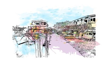 Print Building view with landmark of Marathon is the town in Greece. Vektörde elle çizilmiş resim ile suluboya sıçraması.