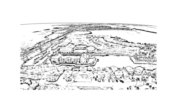 Print Building view with landmark of Marathon is the town in Greece. Vektörde elle çizilmiş çizim çizimi.