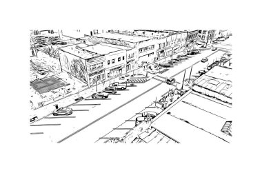 New York 'un en yoğun nüfusu Manhattan' ın simgesi olan Print Building View 'da. Vektörde elle çizilmiş çizim çizimi.