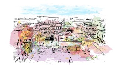 New York 'un en yoğun nüfusu Manhattan' ın simgesi olan Print Building View 'da. Vektörde elle çizilmiş resim ile suluboya sıçraması.