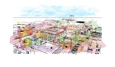 New York 'un en yoğun nüfusu Manhattan' ın simgesi olan Print Building View 'da. Vektörde elle çizilmiş resim ile suluboya sıçraması.