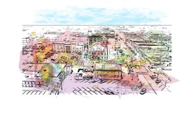 New York 'un en yoğun nüfusu Manhattan' ın simgesi olan Print Building View 'da. Vektörde elle çizilmiş resim ile suluboya sıçraması.