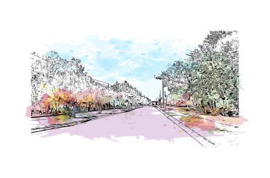 McKinney 'in simgesi olan Print Building View Teksas' ta bulunmaktadır. Vektörde elle çizilmiş resim ile suluboya sıçraması.