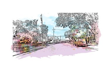 McKinney 'in simgesi olan Print Building View Teksas' ta bulunmaktadır. Vektörde elle çizilmiş resim ile suluboya sıçraması.