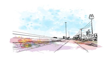 McKinney 'in simgesi olan Print Building View Teksas' ta bulunmaktadır. Vektörde elle çizilmiş resim ile suluboya sıçraması.