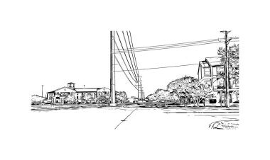 McKinney 'in simgesi olan Print Building View Teksas' ta bulunmaktadır. Vektörde elle çizilmiş çizim çizimi.