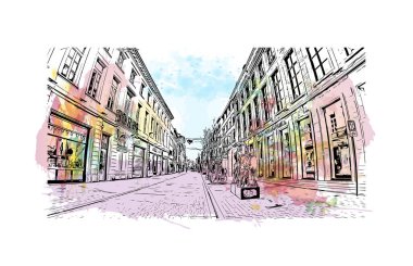 Yazdırma binası Belçika 'nın Mechelen şehrinin simgeleriyle görülür. Vektörde elle çizilmiş resim ile suluboya sıçraması.