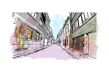 Yazdırma binası Belçika 'nın Mechelen şehrinin simgeleriyle görülür. Vektörde elle çizilmiş resim ile suluboya sıçraması.