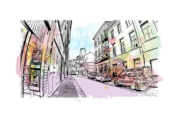 Vytisknout Pohled Budovu Orientačním Bodem Mechelen Město Belgii Akvarelové Stříknutí — Stockový vektor