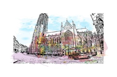 Yazdırma binası Belçika 'nın Mechelen şehrinin simgeleriyle görülür. Vektörde elle çizilmiş resim ile suluboya sıçraması.