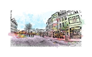 Yazdırma binası Belçika 'nın Mechelen şehrinin simgeleriyle görülür. Vektörde elle çizilmiş resim ile suluboya sıçraması.