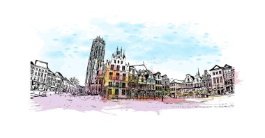 Yazdırma binası Belçika 'nın Mechelen şehrinin simgeleriyle görülür. Vektörde elle çizilmiş resim ile suluboya sıçraması.