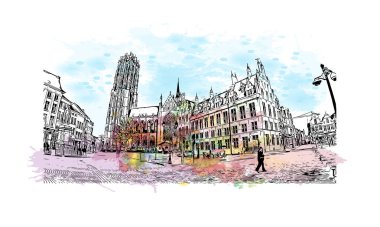 Yazdırma binası Belçika 'nın Mechelen şehrinin simgeleriyle görülür. Vektörde elle çizilmiş resim ile suluboya sıçraması.
