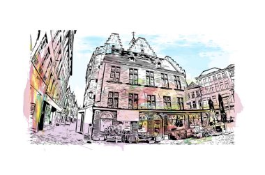 Yazdırma binası Belçika 'nın Mechelen şehrinin simgeleriyle görülür. Vektörde elle çizilmiş resim ile suluboya sıçraması.