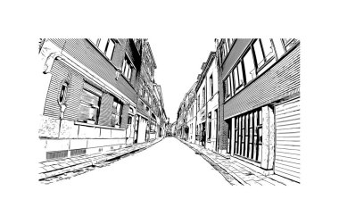 Yazdırma binası Belçika 'nın Mechelen şehrinin simgeleriyle görülür. Vektörde elle çizilmiş çizim çizimi.