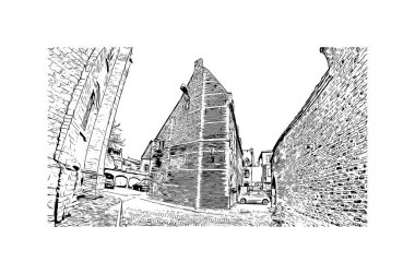 Yazdırma binası Belçika 'nın Mechelen şehrinin simgeleriyle görülür. Vektörde elle çizilmiş çizim çizimi.