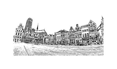 Yazdırma binası Belçika 'nın Mechelen şehrinin simgeleriyle görülür. Vektörde elle çizilmiş çizim çizimi.