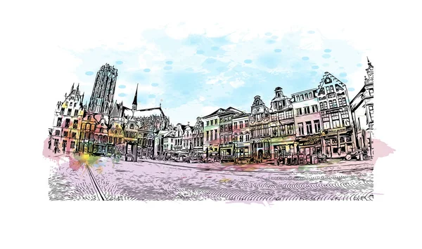 Print Building View Landmark Mechelen Staden Belgien Akvarell Stänk Med — Stock vektor