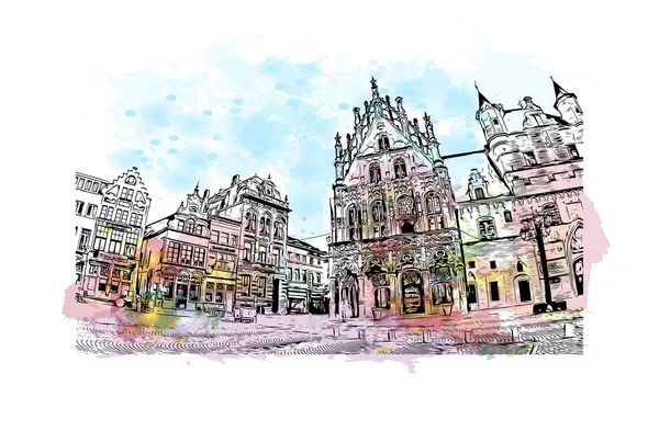 带有梅赫伦地标的印刷建筑景观是比利时的一个城市 矢量手绘示意图水彩画 — 图库矢量图片