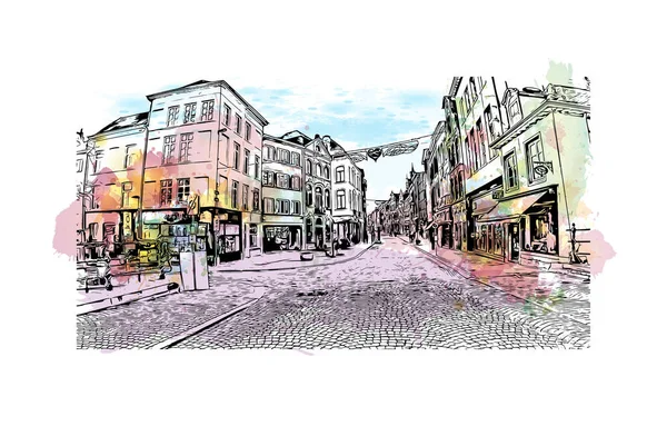 Print Building View Landmark Mechelen City Belgium Akvarell Splash Kézzel — Stock Vector