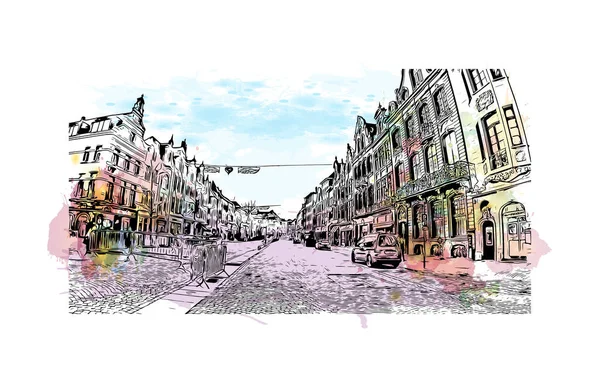 Print Building View Landmark Mechelen Staden Belgien Akvarell Stänk Med — Stock vektor