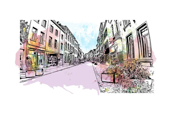 Print Building View Landmark Mechelen City Belgium Watercolor Splash Hand — Stock Vector