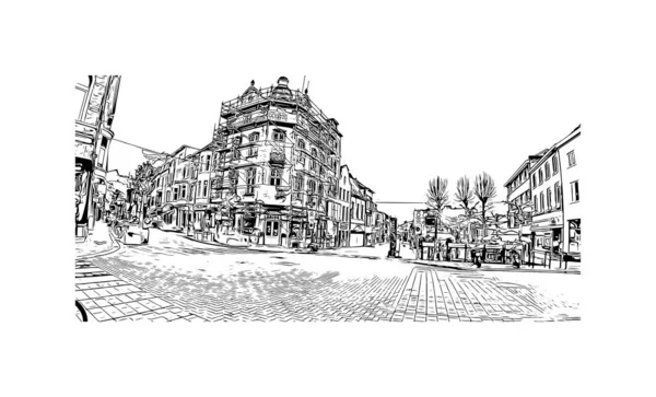 Print Building View Landmark Mechelen Staden Belgien Handritad Skiss Illustration — Stock vektor