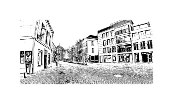 Print Building View Landmark Mechelen Staden Belgien Handritad Skiss Illustration — Stock vektor