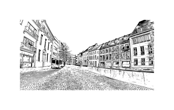 Print Building View Landmark Mechelen Staden Belgien Handritad Skiss Illustration — Stock vektor