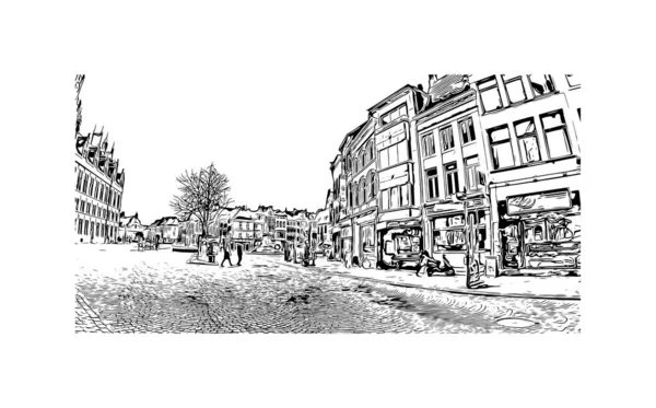 带有梅赫伦地标的印刷建筑景观是比利时的一个城市 矢量手绘草图 — 图库矢量图片