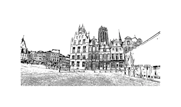 Print Building View Landmark Mechelen City Belgium Hand Drawn Sketch — Stock Vector