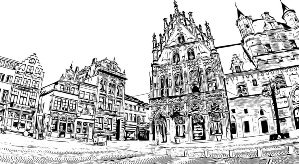 带有梅赫伦地标的印刷建筑景观是比利时的一个城市 矢量手绘草图 — 图库矢量图片