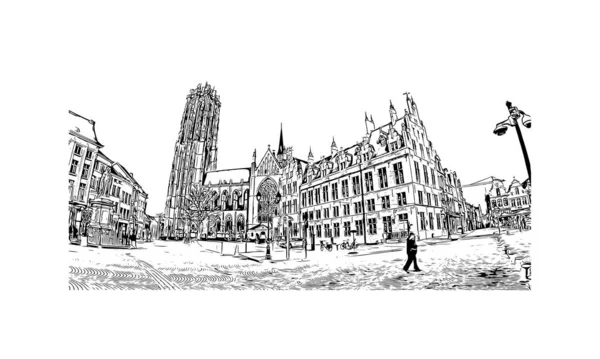 Print Gebouwenzicht Met Herkenningspunt Mechelen Stad België Handgetekende Schets Illustratie — Stockvector