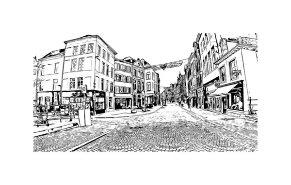 印刷メヘレンのランドマークとビルの景色はベルギーの街です 手描きのスケッチ図ベクトル — ストックベクタ