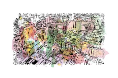 Yazdırma Bina Manzarası, Kolombiya 'nın Medelln şehrinin simgesidir. Vektörde elle çizilmiş resim ile suluboya sıçraması.