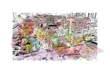 Yazdırma Bina Manzarası, Kolombiya 'nın Medelln şehrinin simgesidir. Vektörde elle çizilmiş resim ile suluboya sıçraması.