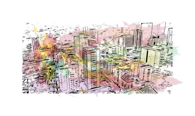 Yazdırma Bina Manzarası, Kolombiya 'nın Medelln şehrinin simgesidir. Vektörde elle çizilmiş resim ile suluboya sıçraması.