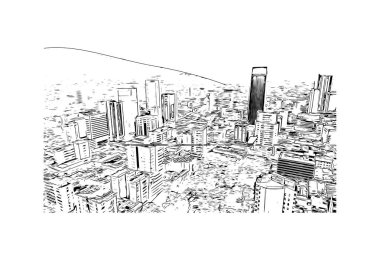 Yazdırma Bina Manzarası, Kolombiya 'nın Medelln şehrinin simgesidir. Vektörde elle çizilmiş çizim çizimi.