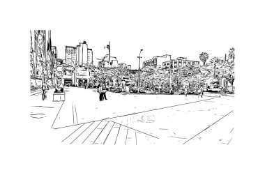 Yazdırma Bina Manzarası, Kolombiya 'nın Medelln şehrinin simgesidir. Vektörde elle çizilmiş çizim çizimi.