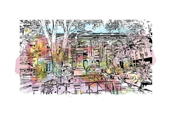 Yazdırma Bina Manzarası, Kolombiya 'nın Medelln şehrinin simgesidir. Vektörde elle çizilmiş resim ile suluboya sıçraması.