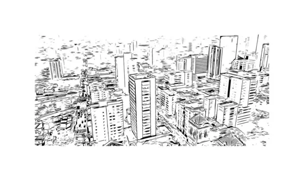 Imprimir Vista Del Edificio Con Hito Medellín Ciudad Colombia Dibujo — Vector de stock