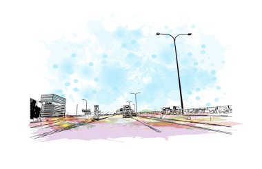 Medford 'un simgesi olan Print Building View Oregon' da bulunmaktadır. Vektörde elle çizilmiş resim ile suluboya sıçraması.